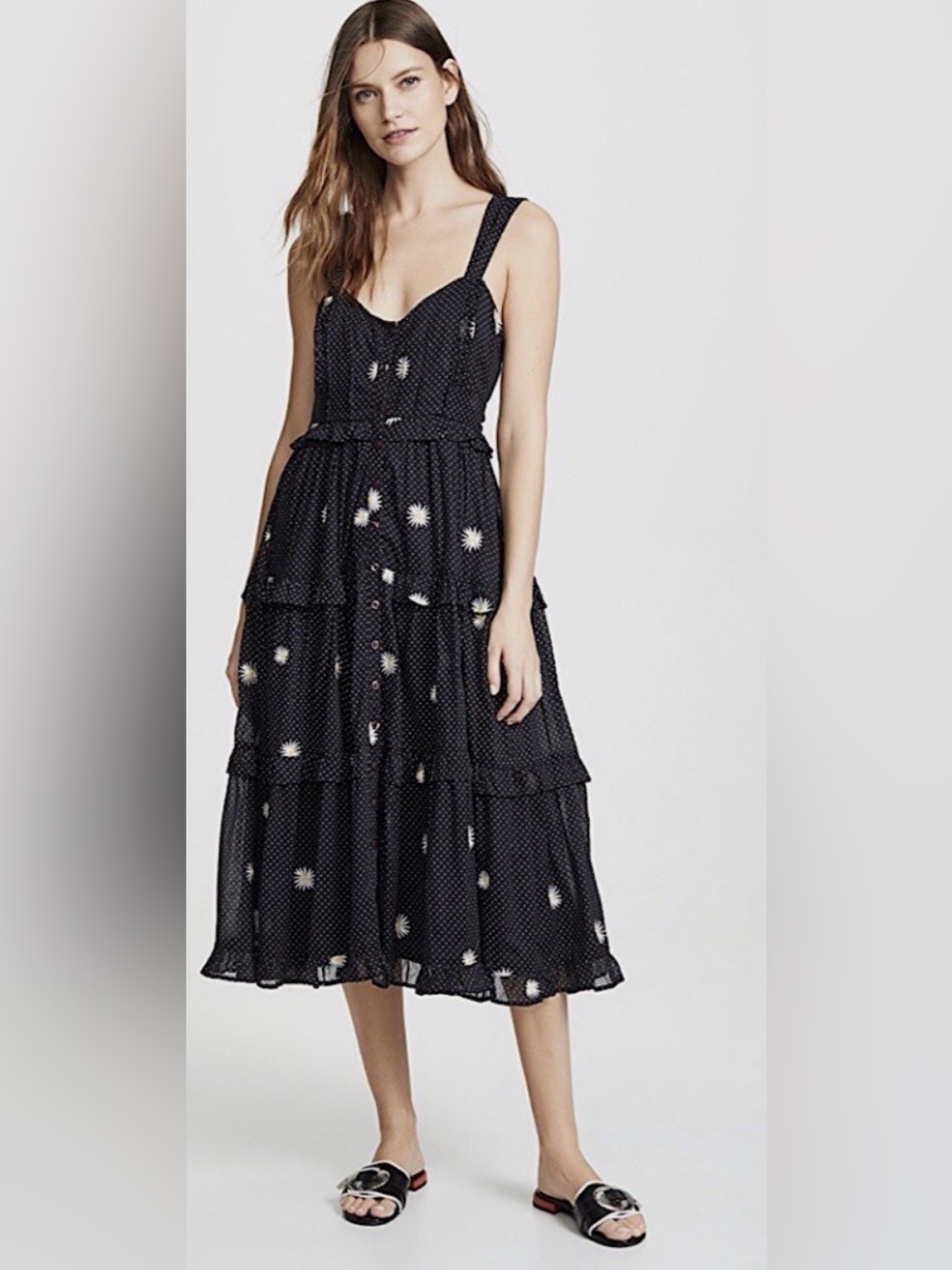 Free People Black Floral Dot Tiered Midi Dress
